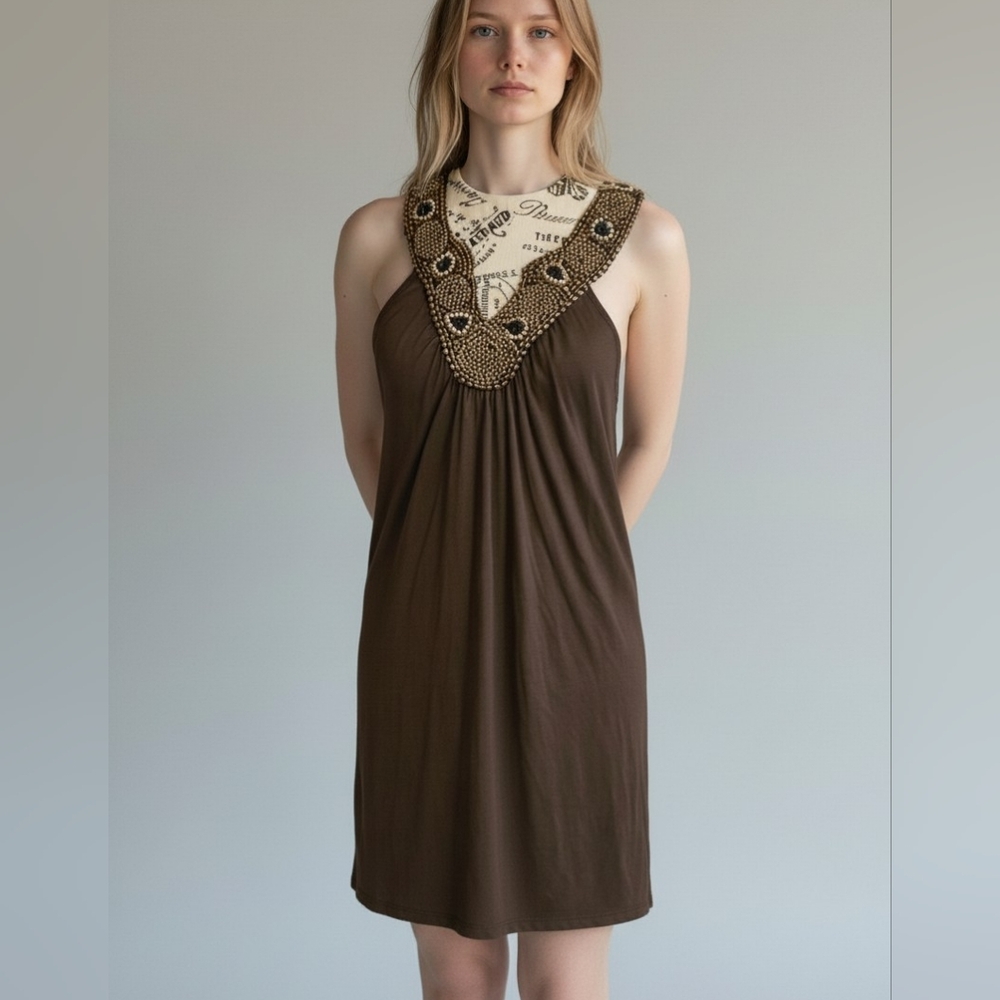 Max Studio boho western brown wooden beaded sleeveless dress S